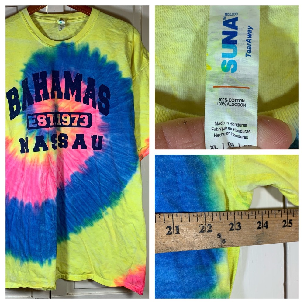 Bahamas Nassau Est 1973 Tie Dye T-Shirt XL Yellow Blue Pink Souvenir Tropical